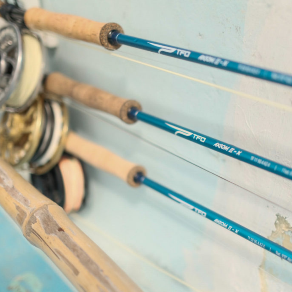 Close up of a three fly fishing rods