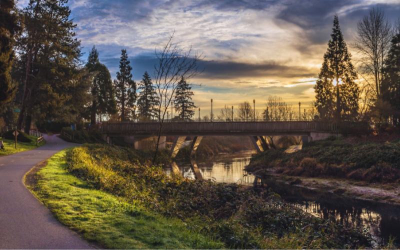 The Sammamish River at sunset with a running trail beside it and bridge over it.